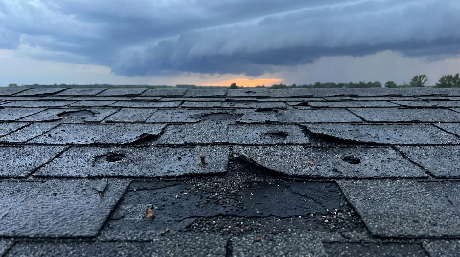 Close detail of an asphalt shingle roof after a hailstorm: granule loss, bruised impact marks and wind-lifted tabs under a departing storm cloud.